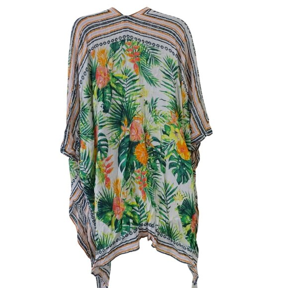 Vince Camuto Tropical Floral Kimono Open Green Orange Women One Size Tassel - Picture 3 of 10